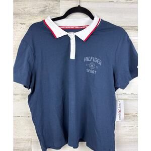 Tommy Hilfiger Sport Women’s XL Navy Blue Short Sleeve Crop Polo Top New oxford